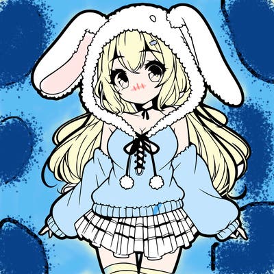 pretty anime girl wearing a fluffy hoodie with bunny ears on the hood and a skirt