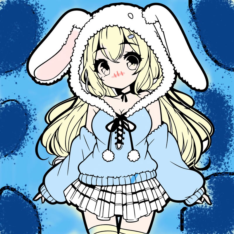 pretty anime girl wearing a fluffy hoodie with bunny ears on the hood and a skirt