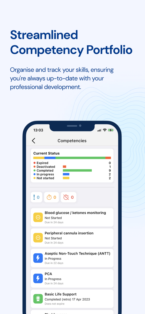 Compassly app dashboard displaying a clinical competency portfolio with a status summary and list of medical skills
