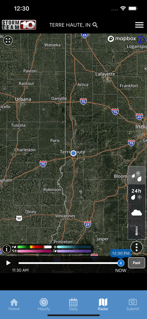 Storm Team 10 WTHI weather app interactive radar map showing Terre Haute Indiana and the surrounding Wabash Valley region