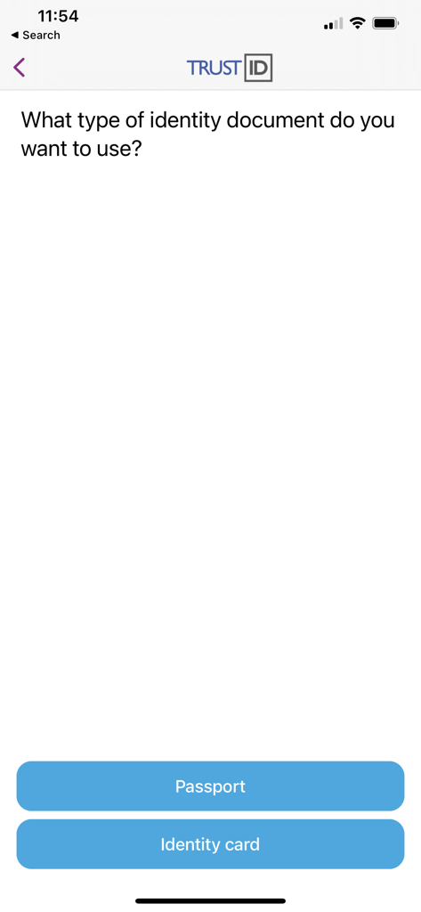 TrustID app screen asking the user to choose between passport or identity card for verification