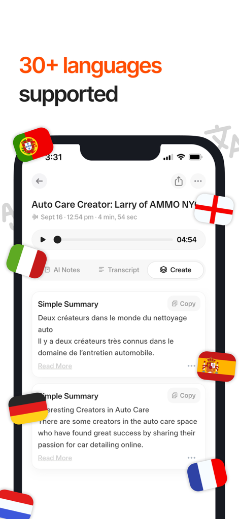 Audionotes: Audio Notes AI - Interface do aplicativo Audionotes mostrando transcrição de áudio e resumos em vários idiomas com bandeiras nacionais flutuantes.