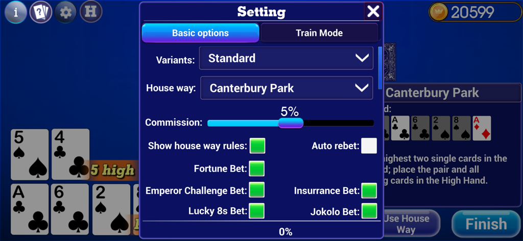 Pai Gow Poker Trainer - Pai Gow Poker Trainer settings screen showing game variant and house way selection options
