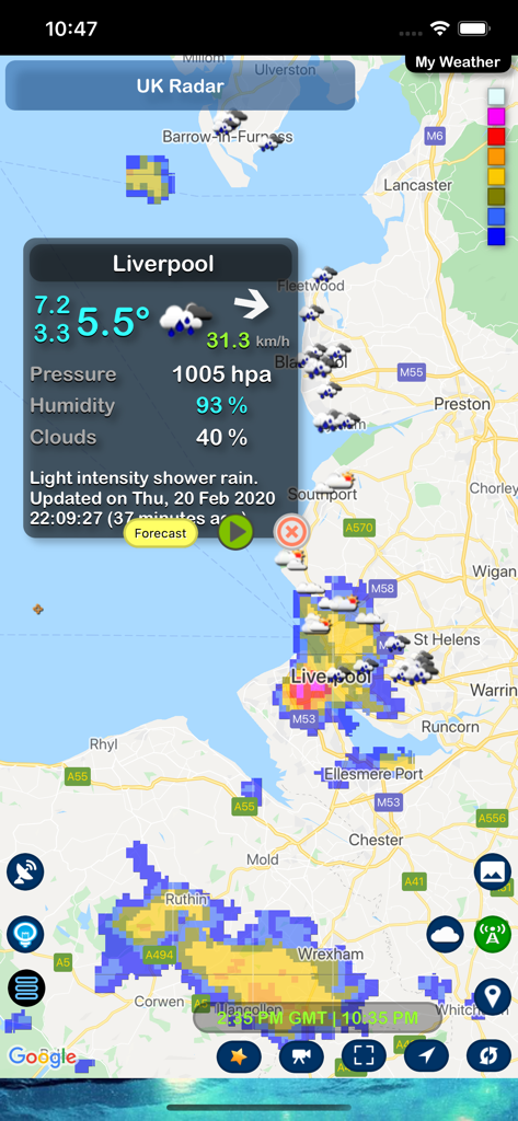 My Weather - Aplicativo My Weather mostrando mapa de radar de chuva e condições atuais para Liverpool