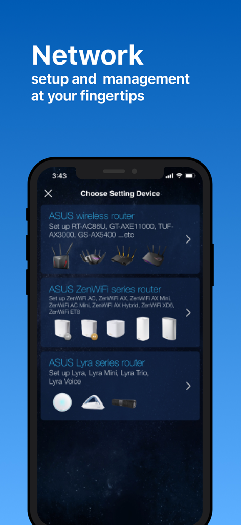 ASUS Router - Interfaccia dell'app ASUS Router che mostra le opzioni di configurazione dei dispositivi di rete per router wireless ZenWiFi e Lyra