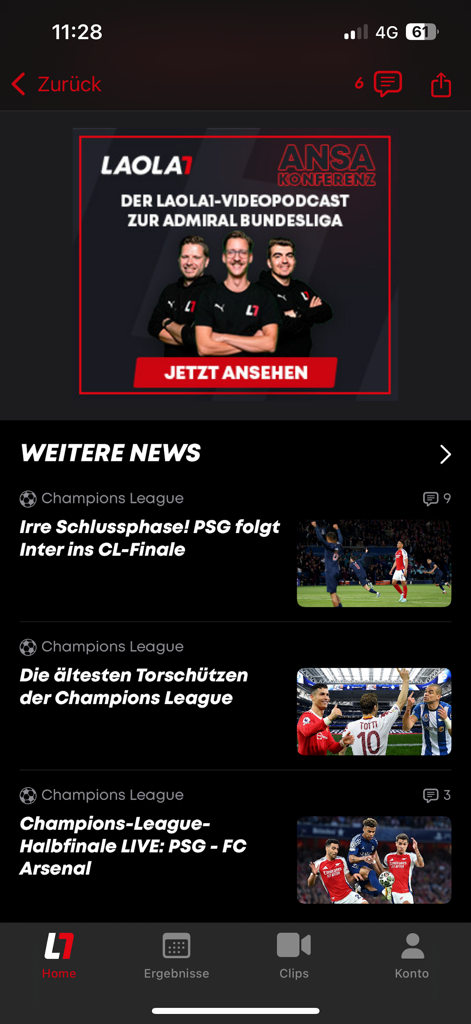LAOLA1 mobile app home screen showing a sports news feed and a banner for a Bundesliga video podcast.