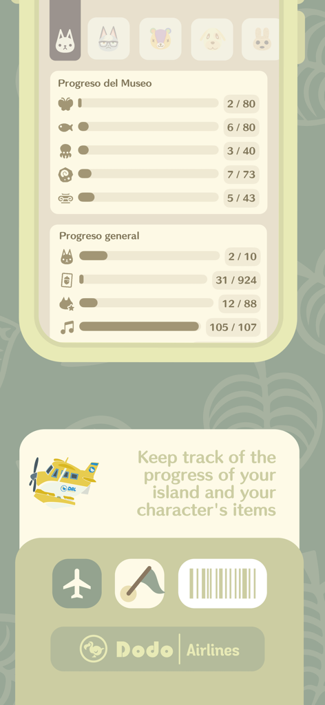 iNook - Interface of the iNook app showing museum and general game progress trackers for Animal Crossing