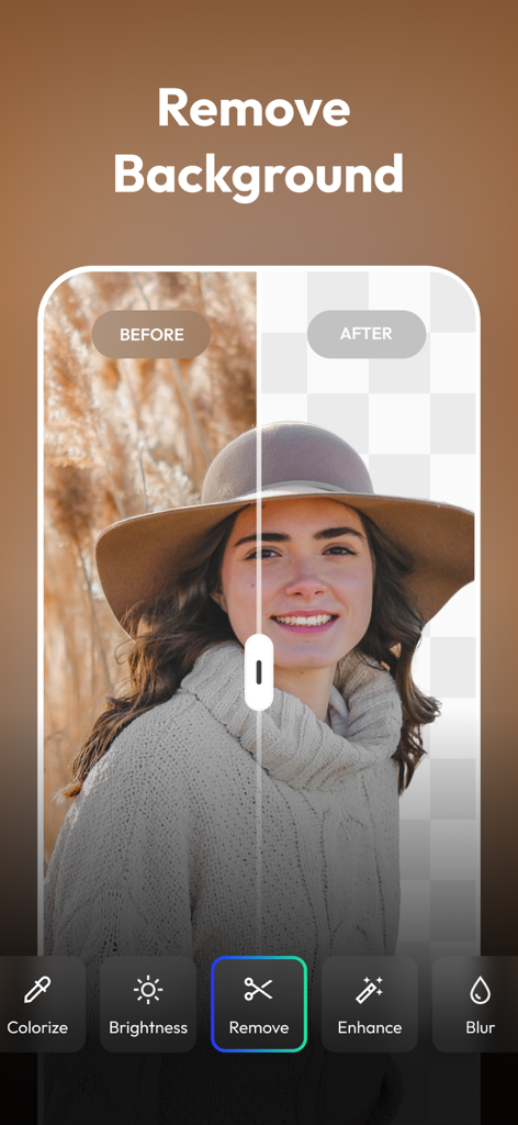 PixelUp: AI Photo Enhancer - A before and after comparison of the AI background removal feature on a portrait photo.