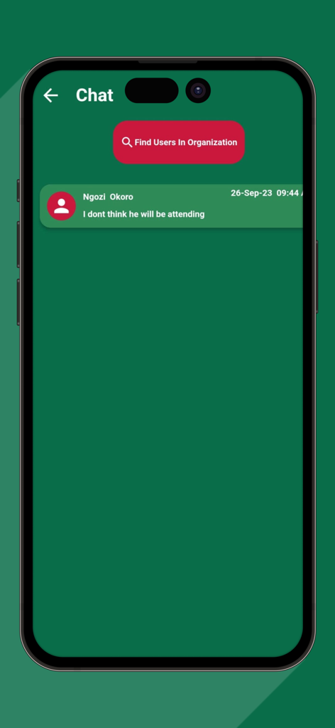 SPEEDY APP - Una captura de pantalla de la interfaz de chat en vivo de SPEEDY APP que muestra un mensaje de un contacto y un botón para encontrar usuarios en una organización