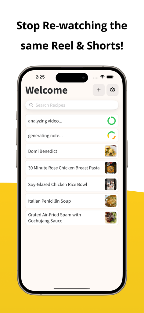 Harvest: Turn Feed into Notes - Interfaz de la aplicación Harvest que muestra una lista de recetas guardadas convertidas de Reels y Shorts de redes sociales