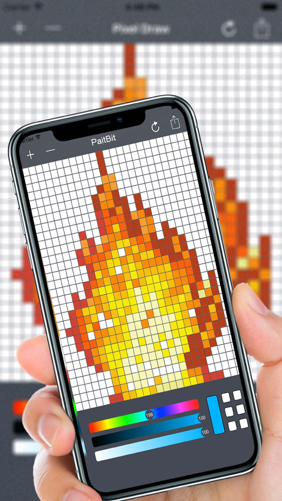 PaintBit App- Pixel Drawing - A person holding an iPhone displaying a pixel art flame being created on a grid within the PaintBit app