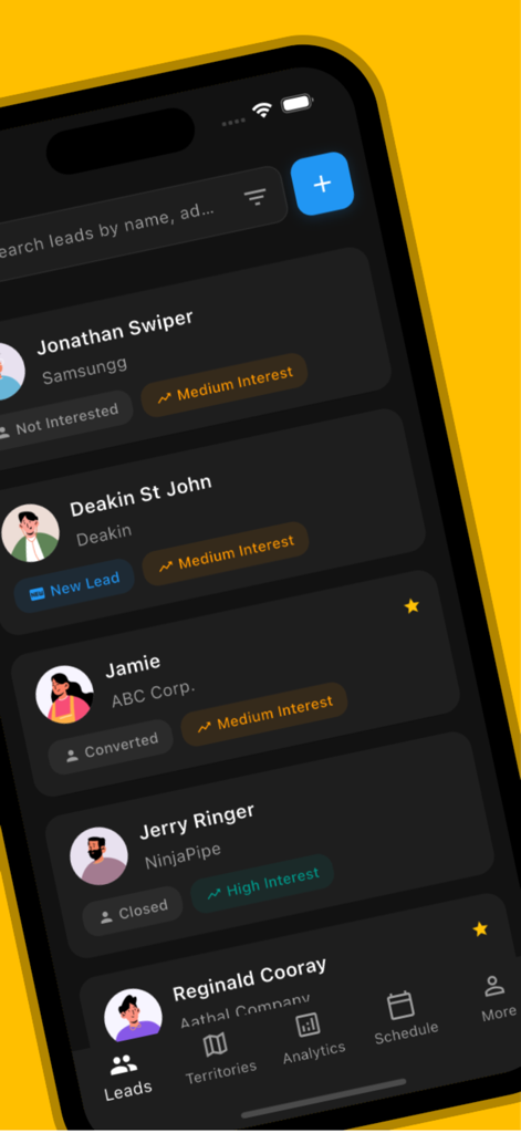D2D CRM: Door to Door Sales - Interface of D2D CRM showing a list of sales leads with individual status tags and interest levels