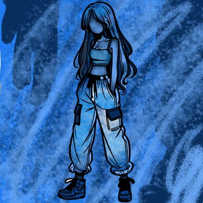 girl in baggy pants crop top and long hair