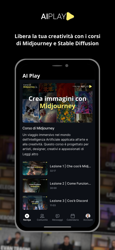AI Play - AI Play app interface showing a Midjourney video course for AI image generation
