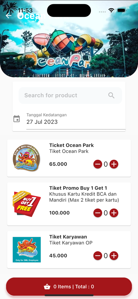 eMemberS By Sinar Mas Land - Mobile app interface for booking water park tickets with multiple pricing options