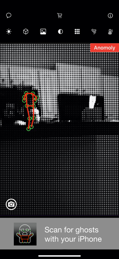 Ghost SLS - Ghost SLS app interface showing a red stick figure anomaly detected during a paranormal scan.