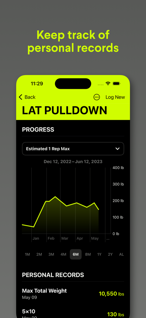 Gains Workout Tracker Gym Log - Gains workout tracker interface showing a progress chart for Lat Pulldown exercises and personal record logs