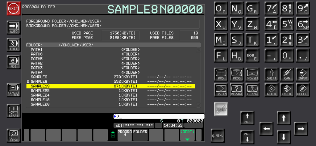 Fanuc CNC Simulator - Fanuc CNC simulator interface showing the program folder management screen and control keypad