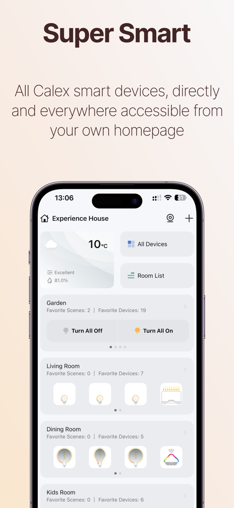 Calex Smart - Die Benutzeroberfläche der Calex Smart App zeigt ein Home-Dashboard mit raumweiser Steuerung für Smart-Geräte.