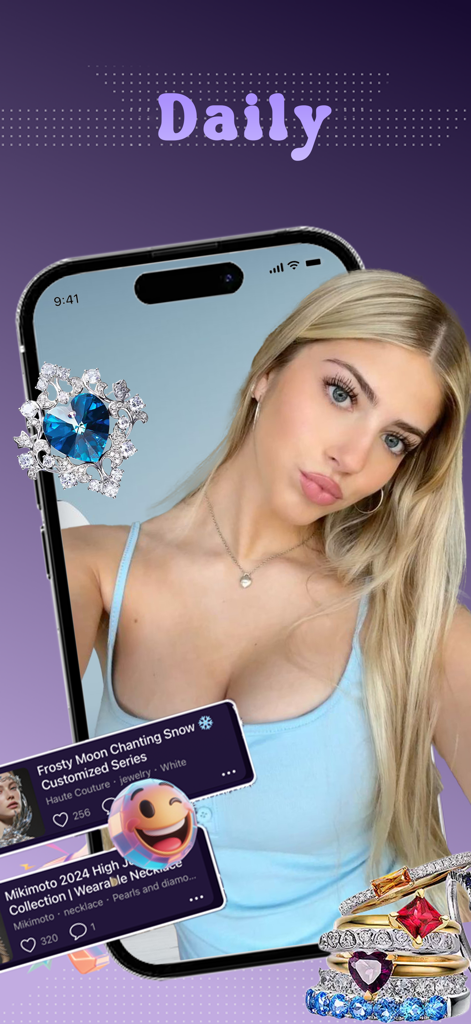 Live Chat，Content Share -Snivo - Bildschirm eines Smartphones, das eine junge Frau und hochwertige Schmuckkollektionen in der Snivo-Social-App zeigt.