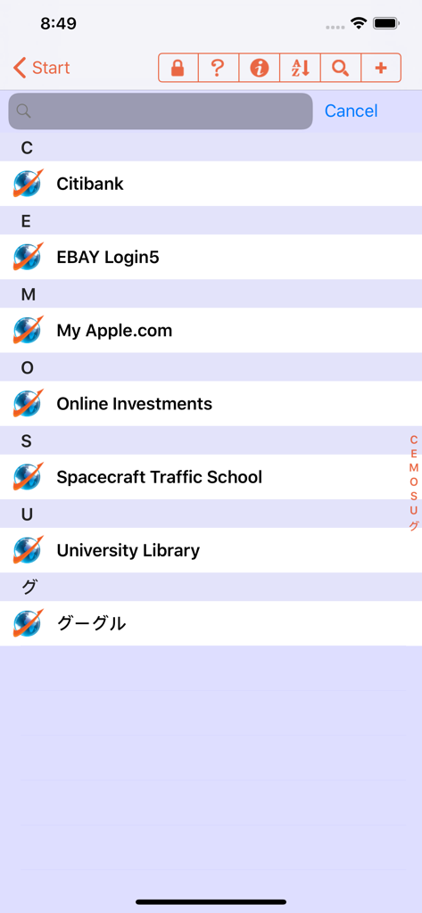 Alphabetical list of stored credentials in the PasswordWallet mobile app interface.
