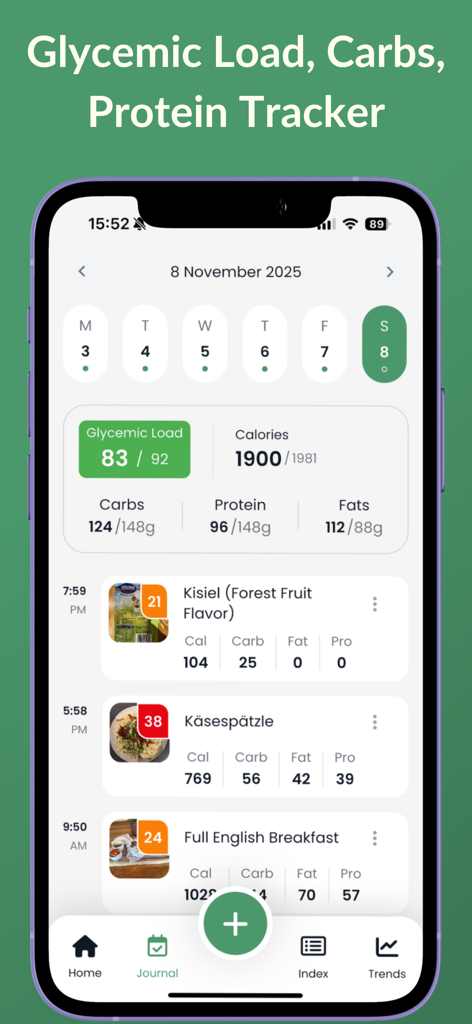 Glycemic Index Tracker LOGI - Mobile app interface of Logi showing a daily food journal with glycemic load, calorie, and macronutrient tracking for several meals