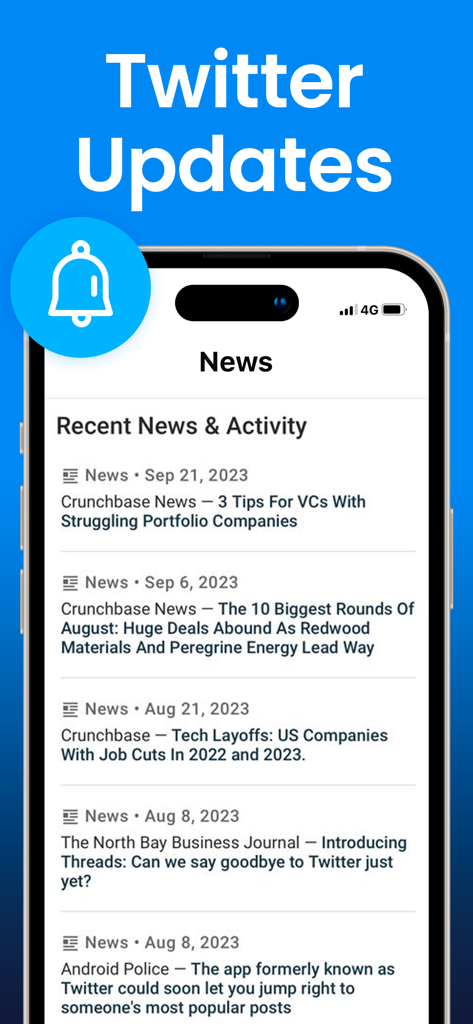 Une interface mobile montrant le fil d'actualités et de mises à jour en direct pour Twitter X avec l'activité récente et les articles technologiques.
