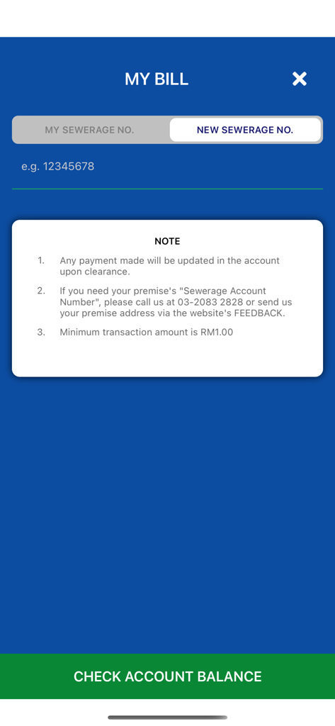Indah Water - Indah Water mobile app My Bill screen showing fields to enter sewerage number and check account balance