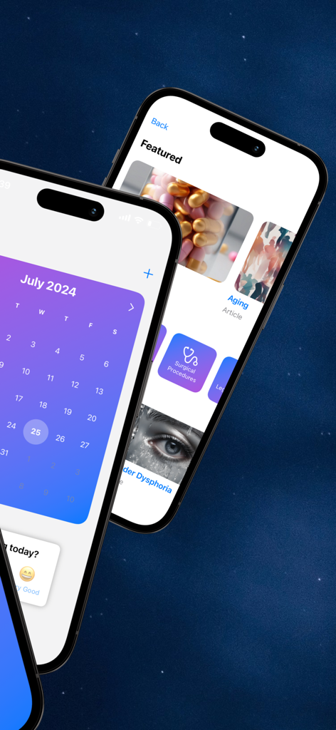 Dois iPhones exibindo a interface do aplicativo Hormone Helper com um calendário de transição, monitor de humor e recursos de saúde educacionais