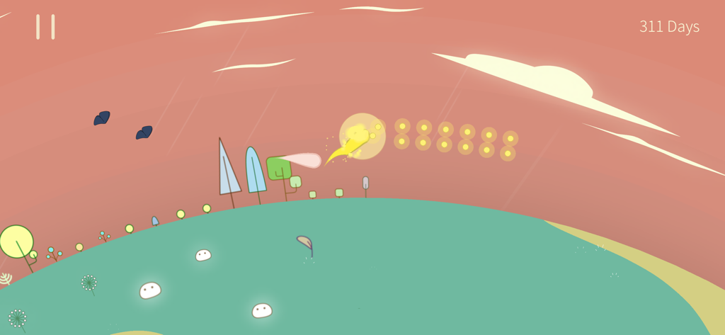 The Kreator - A yellow spirit flying over a minimalist green landscape at sunset in the game The Kreator