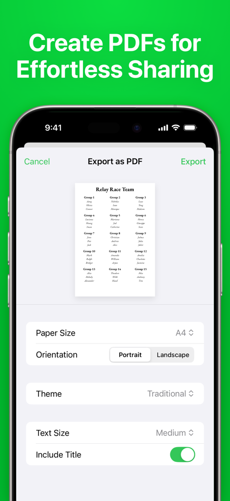 Interfaz de la aplicación Grupos que muestra la configuración de exportación a PDF para compartir listas de equipos de estudiantes.