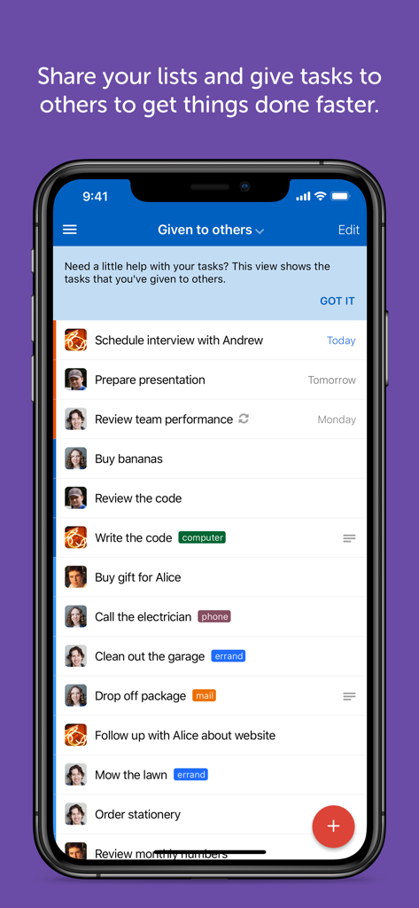 Remember The Milk: To-Do List - Remember The Milk app screenshot showing a list of tasks assigned to others with tags like computer and errand
