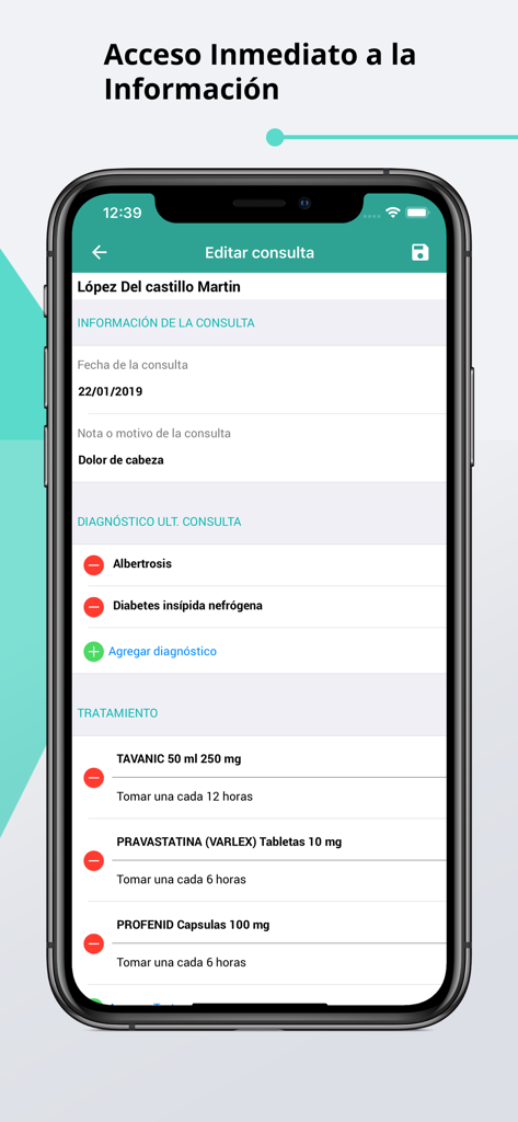 Eleonor - Smartphone-Bildschirm mit der medizinischen App-Oberfläche von Eleonor mit Patientenhistorie und verschriebenen Behandlungen