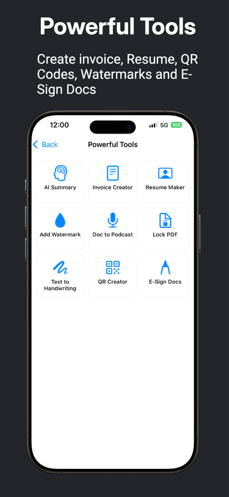 File Doctor - Pantalla de la aplicación File Doctor que muestra funciones de productividad que incluyen Creador de Facturas, Creador de Currículums, Creador de QR y Firma Electrónica de Documentos