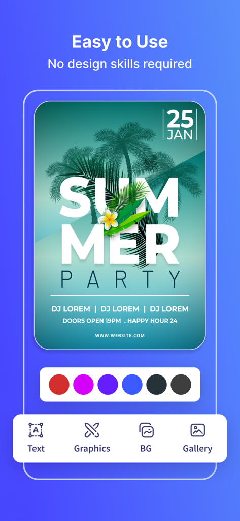 Poster Maker - Flyer Creator, - Smartphone-Bildschirm, der die Benutzeroberfläche der Poster Maker App mit einer Vorlage für einen Sommerfest-Flyer und Bearbeitungsoptionen zeigt.