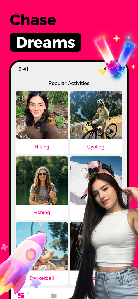 Rino app screen showing popular activities like hiking and cycling with the headline Chase Dreams