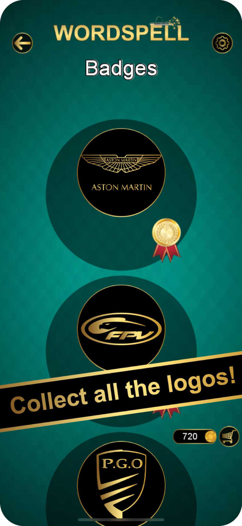 Écran de l'application Word Spell montrant des logos de marque et des badges à collectionner.