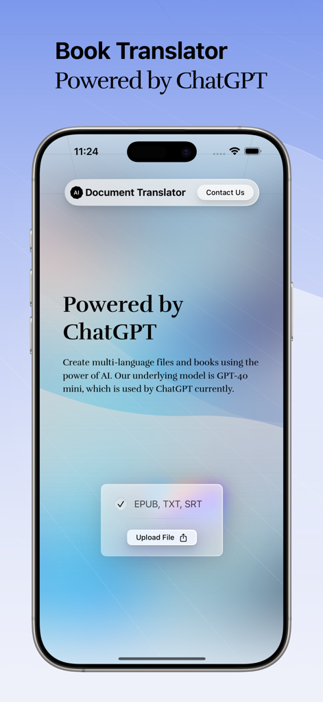eBook Translator: AI Translate - La pantalla de inicio de la aplicación eBook Translator destacando la traducción de libros y documentos impulsada por ChatGPT