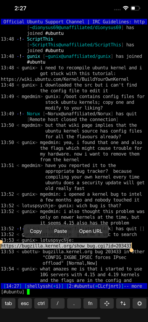 Shelly - SSH Client - Shelly SSH client terminal showing text selection and URL context menu