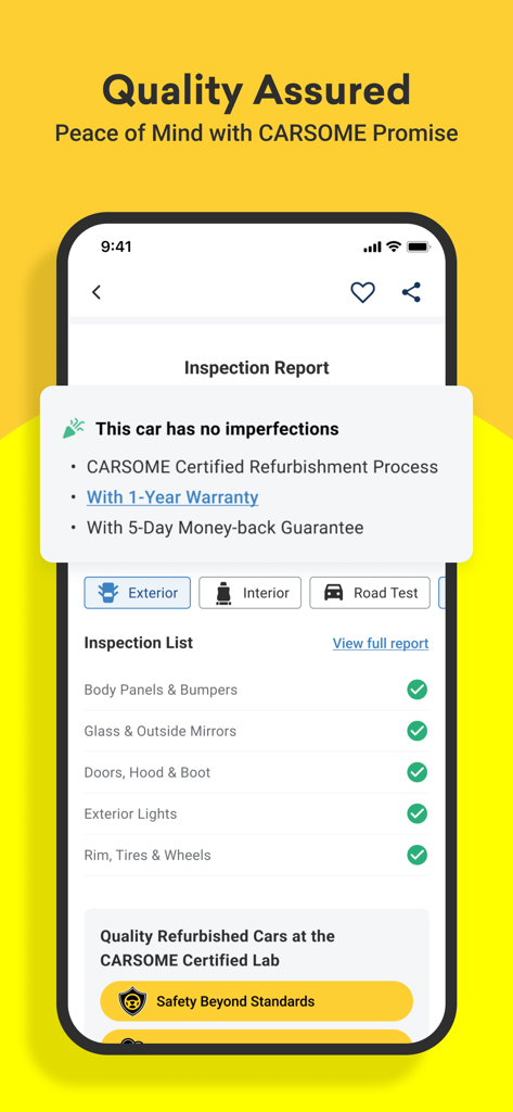 CARSOME mobile app interface displaying a detailed car inspection report and quality assurance features.