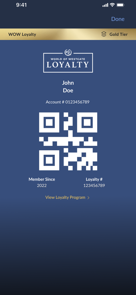 Una tessera digitale del programma fedeltà World of Westgate con un codice QR e stato Gold Tier.