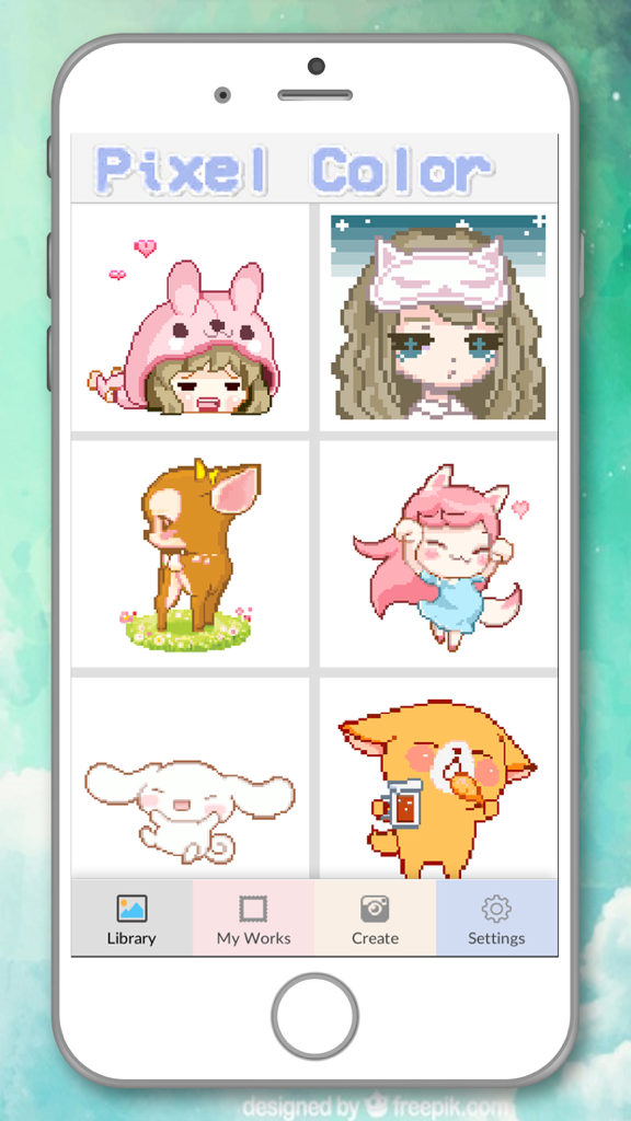 Color Pixel: Drawing By Number - A mobile screen showing the library of the Color Pixel app with several cute pixel art characters like a bunny and a deer ready for coloring.