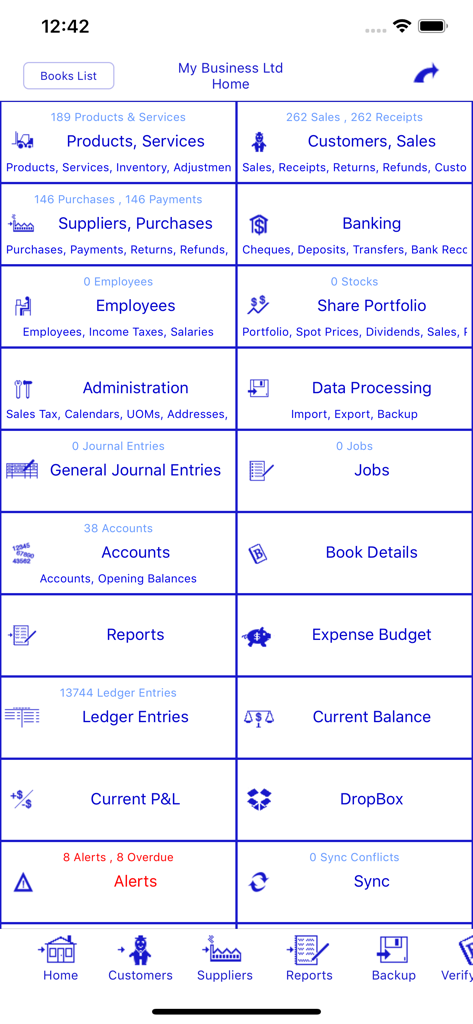 Pantalla de inicio de Bookkeeping Pro que muestra una cuadrícula de módulos de gestión empresarial como ventas, banca e informes