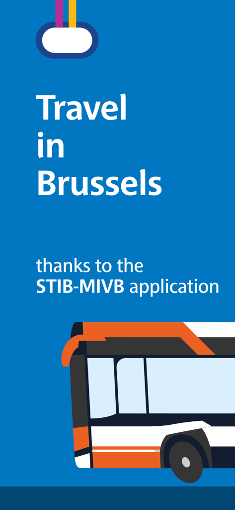Pantalla promocional de la aplicación STIB-MIVB titulada Viaja por Bruselas con la ilustración de un autobús