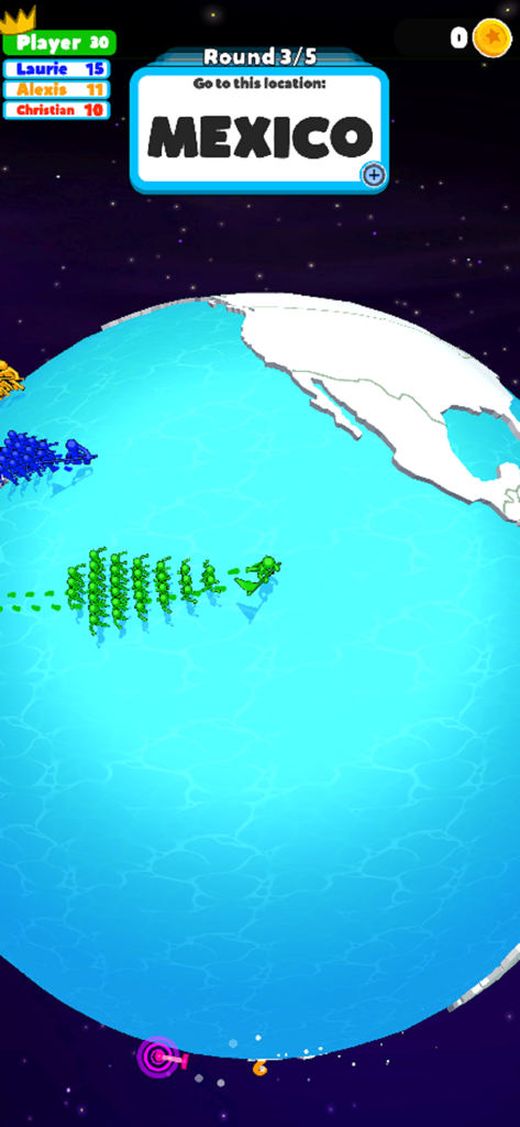 Trivia Planet! - A 3D globe interface in Trivia Planet showing players competing to find Mexico on a map.