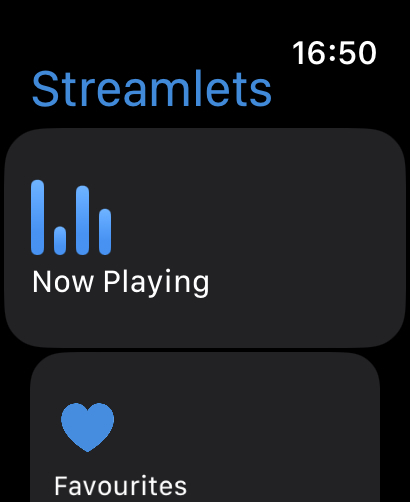 Streamlets - Interface of Streamlets app on Apple Watch showing the Now Playing and Favourites menu options