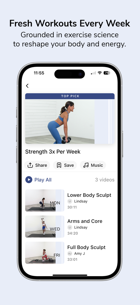Moms Into Fitness - iPhone screen displaying a three times per week strength workout plan in the Moms Into Fitness app featuring lower body and full body sculpt sessions