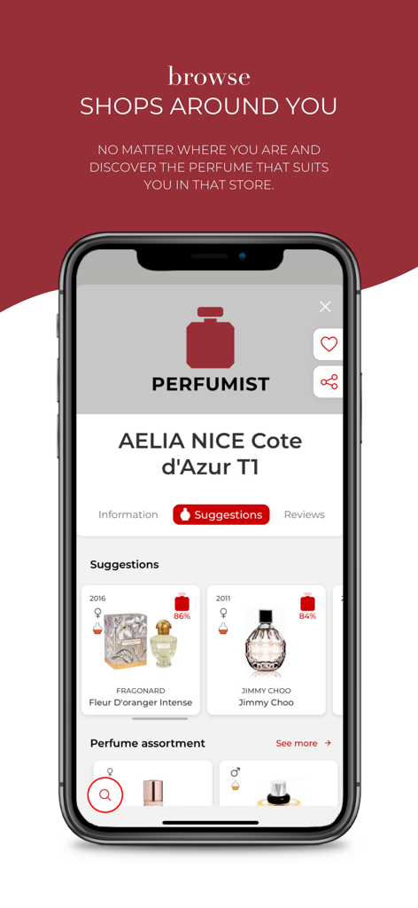 Interface da aplicação PERFUMIST exibindo sugestões de perfumes de lojas locais