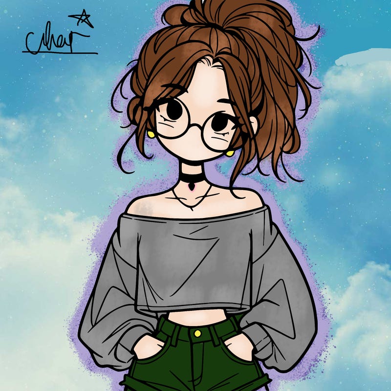 girl with a messy ponytail glasses a baggy crop top and jean shorts