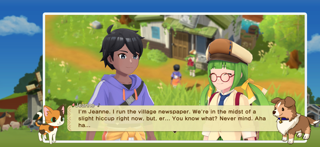 Harvest Moon: Home Sweet Home - A dialogue screen from Harvest Moon Home Sweet Home where the character Jeanne introduces herself as the village newspaper runner.